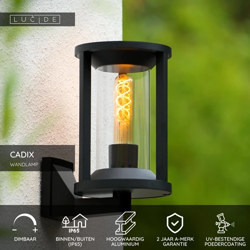 Lucide CADIX - Wandlamp Binnen/Buiten - 1xE27 - IP65 - Zwart - USP